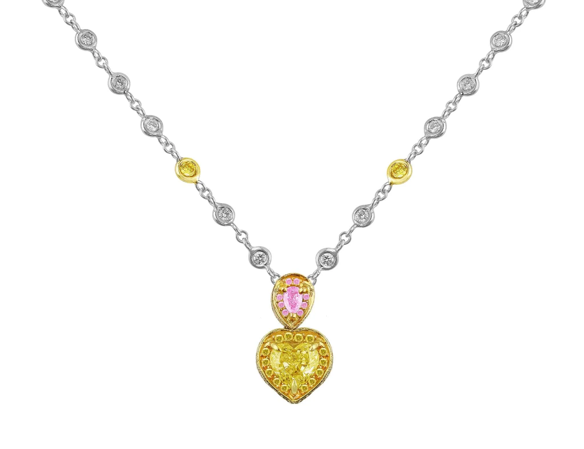 18k Yellow Gold Platinum Yellow Diamond Heart Necklace