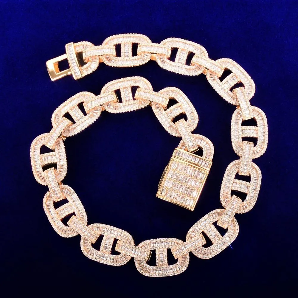 18mm Baguette Zirconia Cuban Chain Necklace Link Gold Color Copper Bling