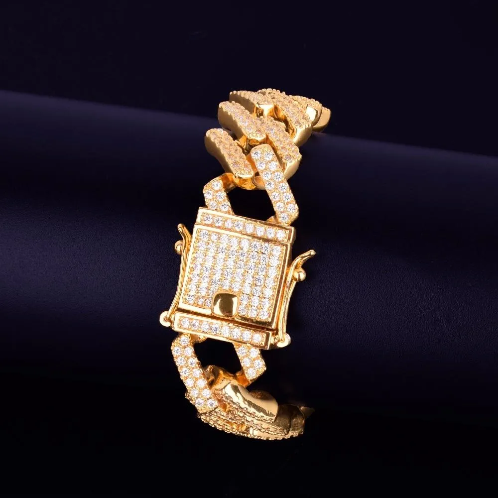 18mm Big Square Cuban Link Bracelet Gold Color Iced Out Cubic Zirconia Style