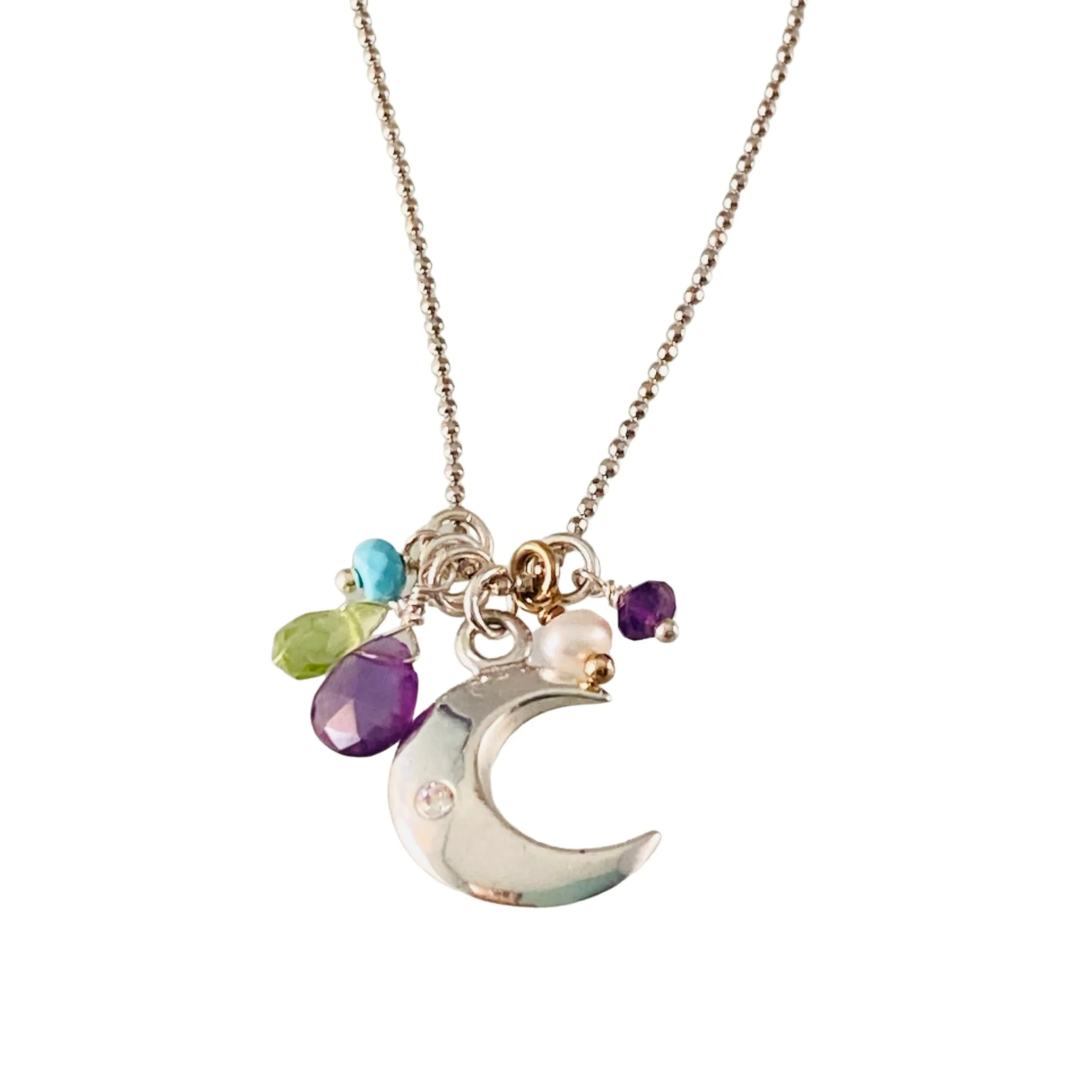 18" Crescent Moon Star Mixed Gemstone Charm Necklace