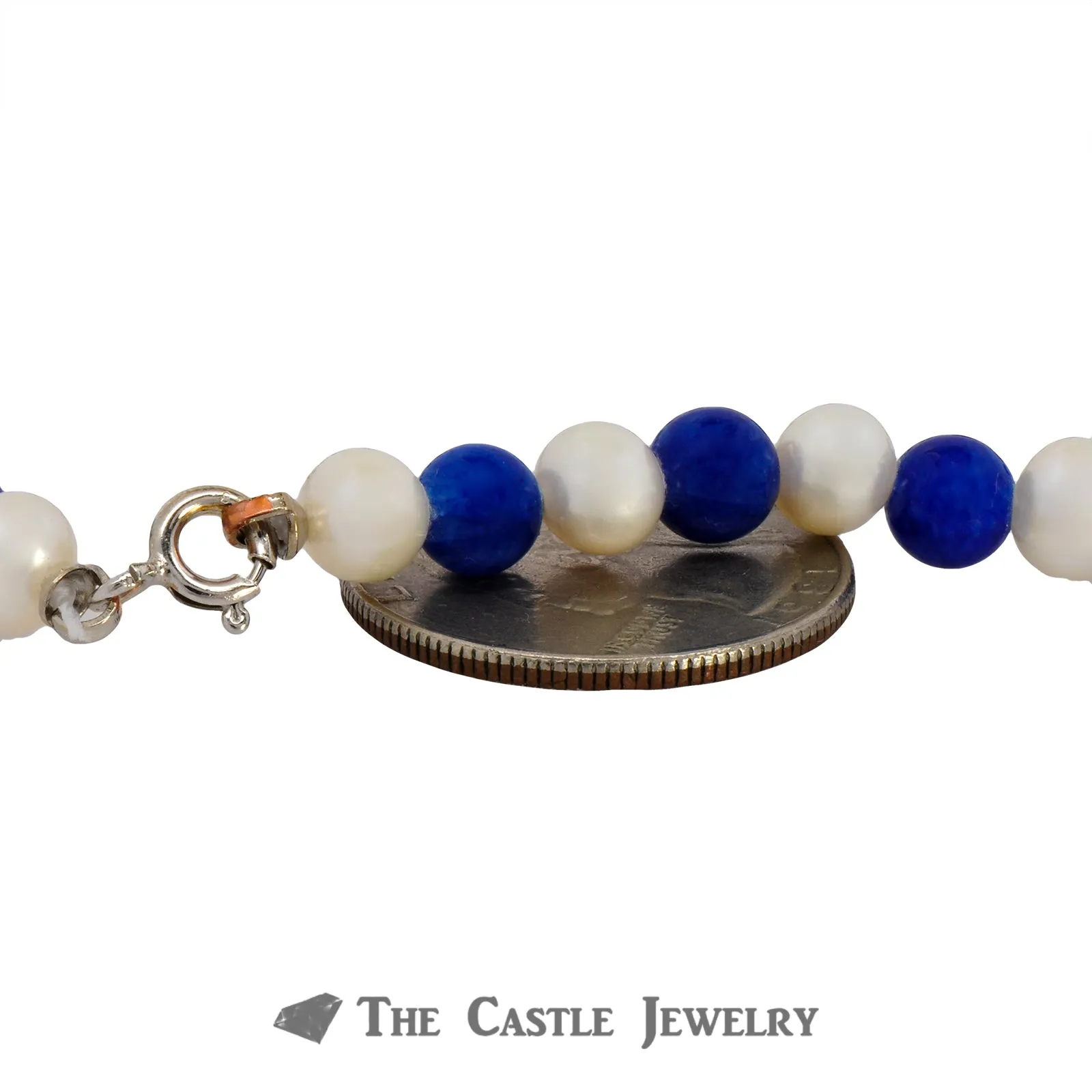 18" Pearl & Blue Jade Collegiate Necklace with "UK" Dangling Pendant