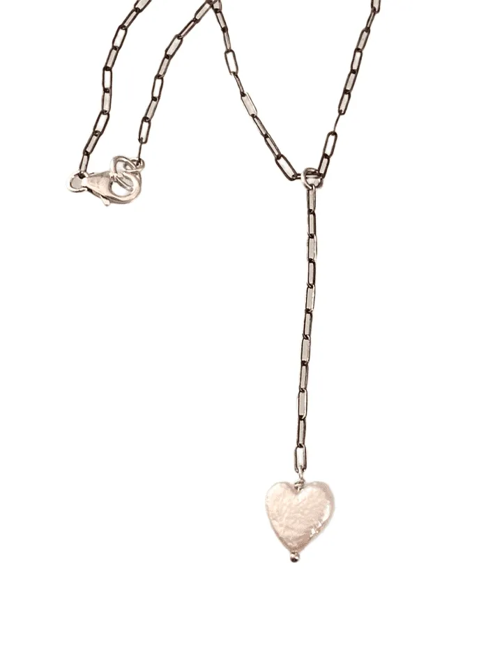 18" Pearl Heart Sterling Y Chain Drop Necklace