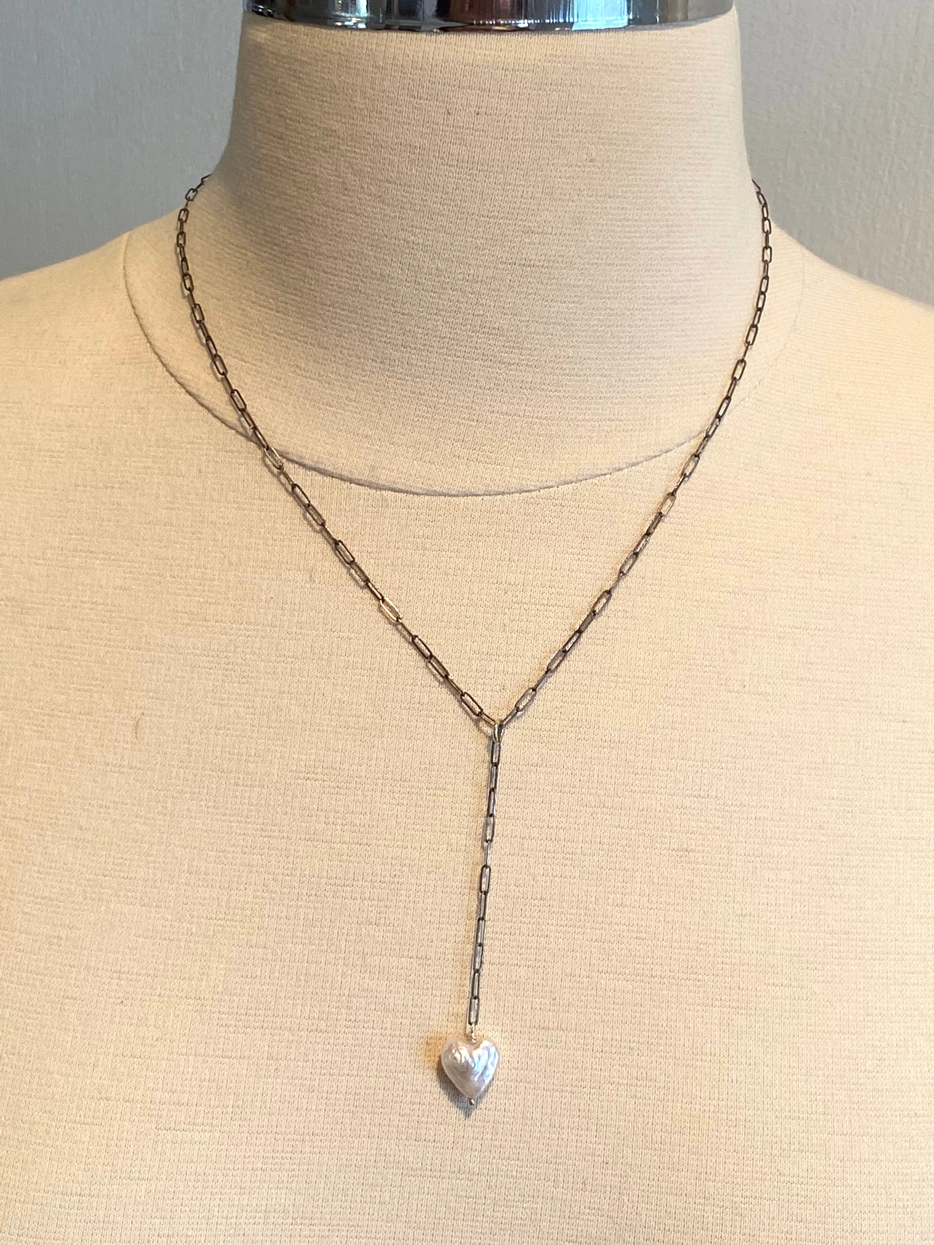 18" Pearl Heart Sterling Y Chain Drop Necklace