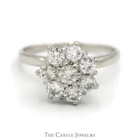 1cttw Flower Shaped Diamond Cluster Ring in 14k White Gold