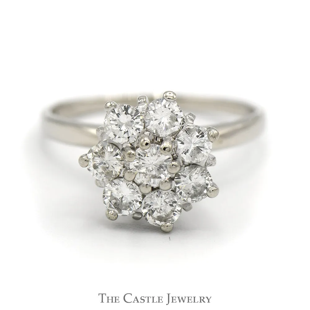 1cttw Flower Shaped Diamond Cluster Ring in 14k White Gold