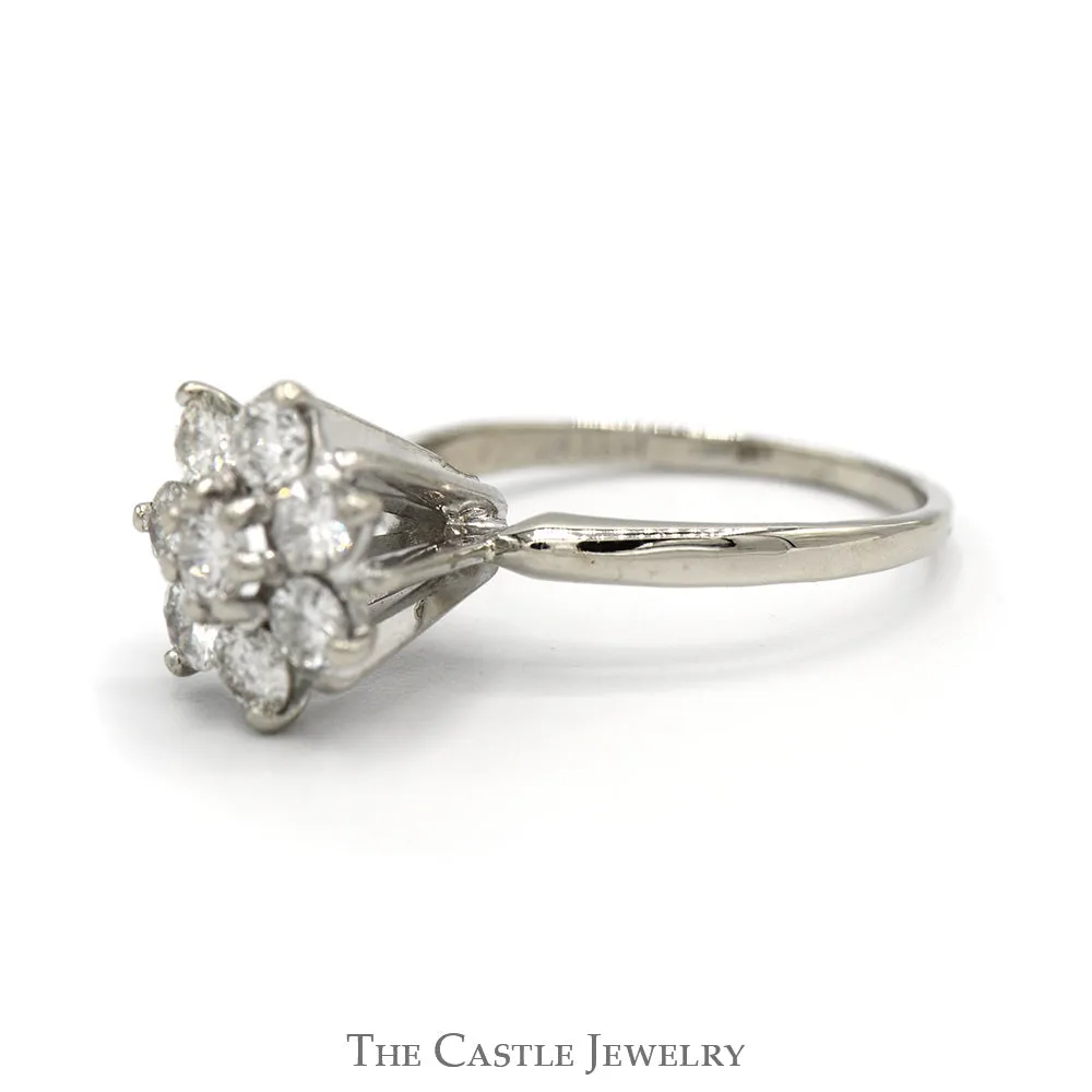 1cttw Flower Shaped Diamond Cluster Ring in 14k White Gold