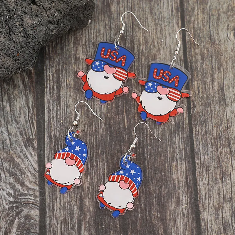 2 Pair USA Patriotic Red White and Blue Acrylic Gnome Earrings