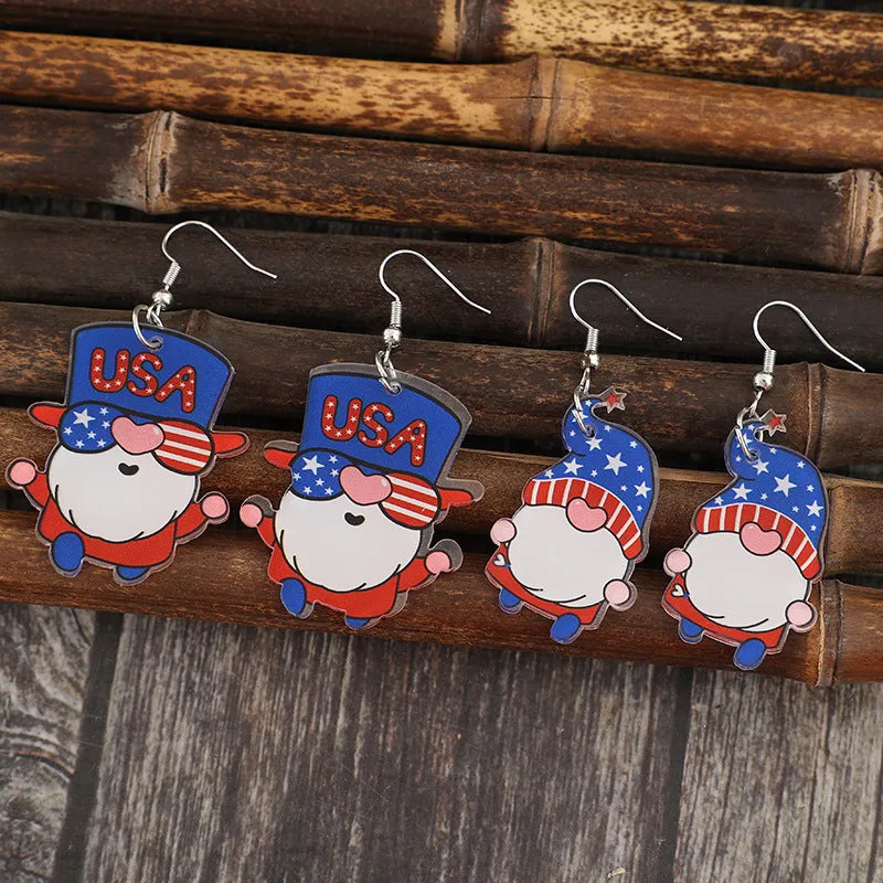 2 Pair USA Patriotic Red White and Blue Acrylic Gnome Earrings