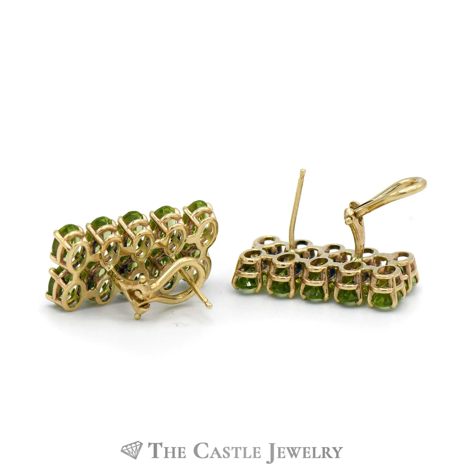 20 Stone Double Row Peridot Leverback Earrings in 14k Yellow Gold