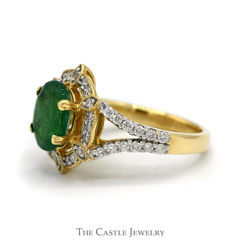 2.25ct Oval Emerald Vintage Ring with Diamond Halo and Accented Split Shank Sides in 14k Yellow Gold