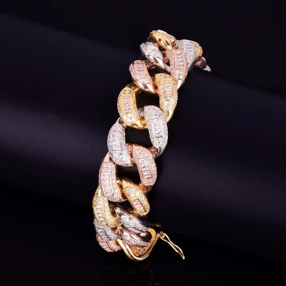 22mm Colorful Baguette Zircon Miami Cuban Link Bracelet Chain 7" 8"