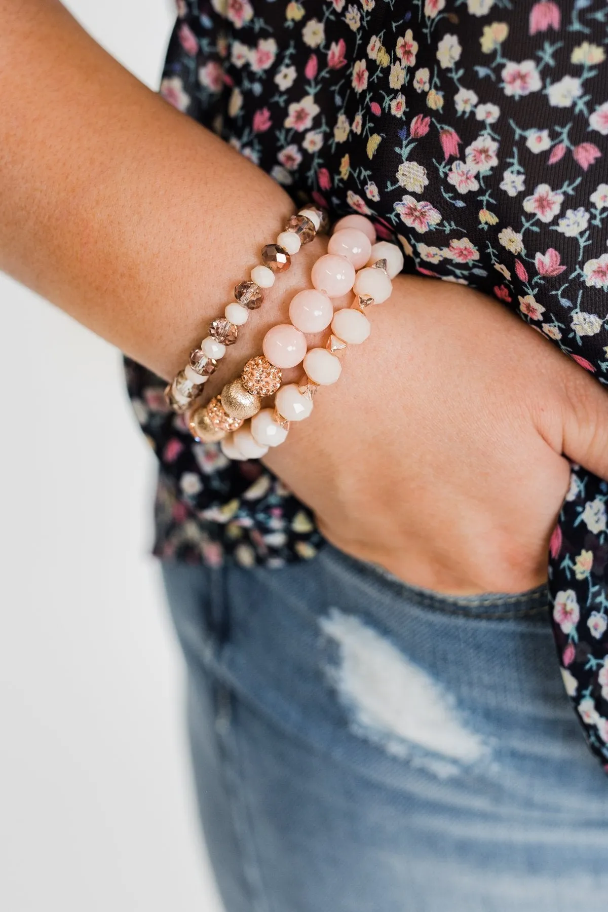 3 Layer Rose Gold Studded Bracelet Set- Blush