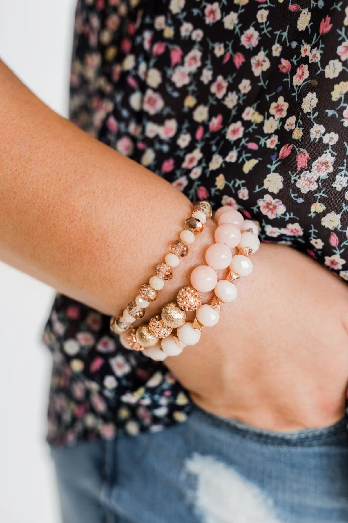 3 Layer Rose Gold Studded Bracelet Set- Blush