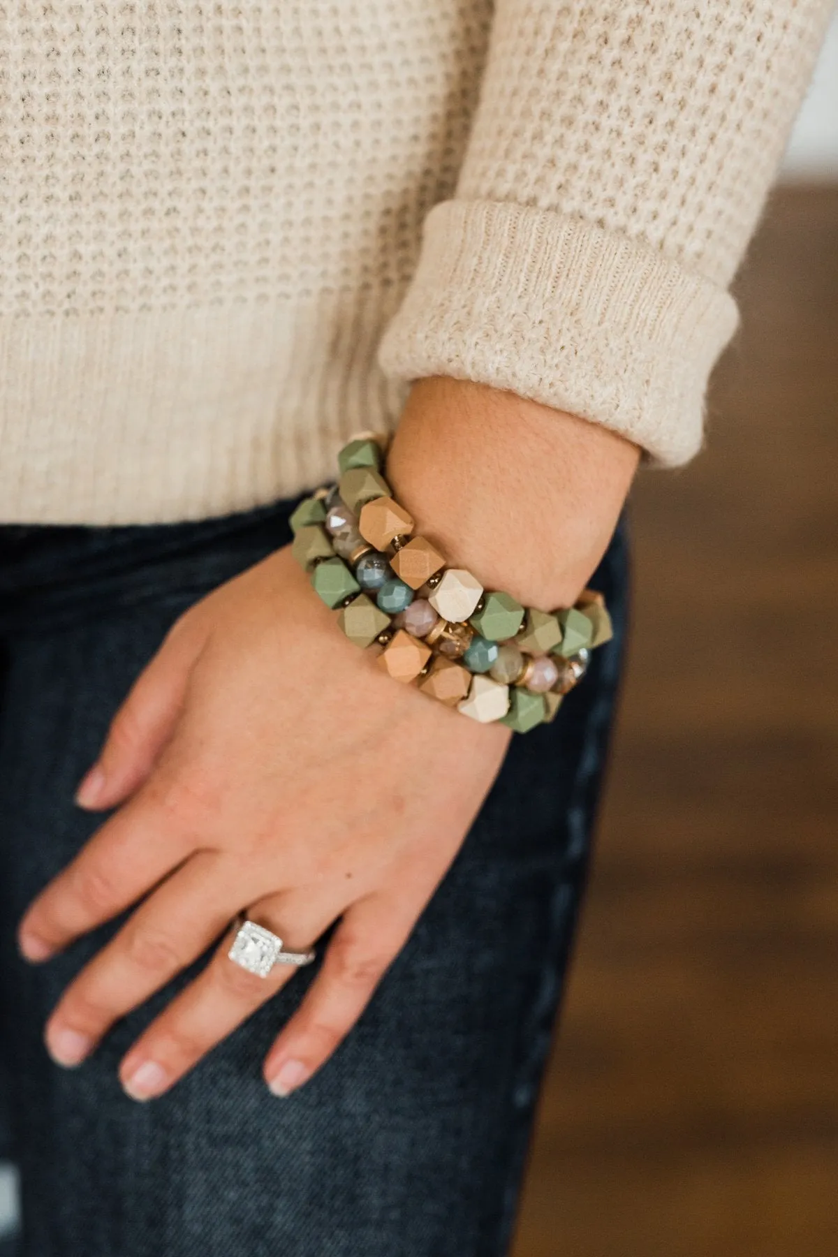 3 Stack Wood Bracelet Set- Olive & Natural Tones