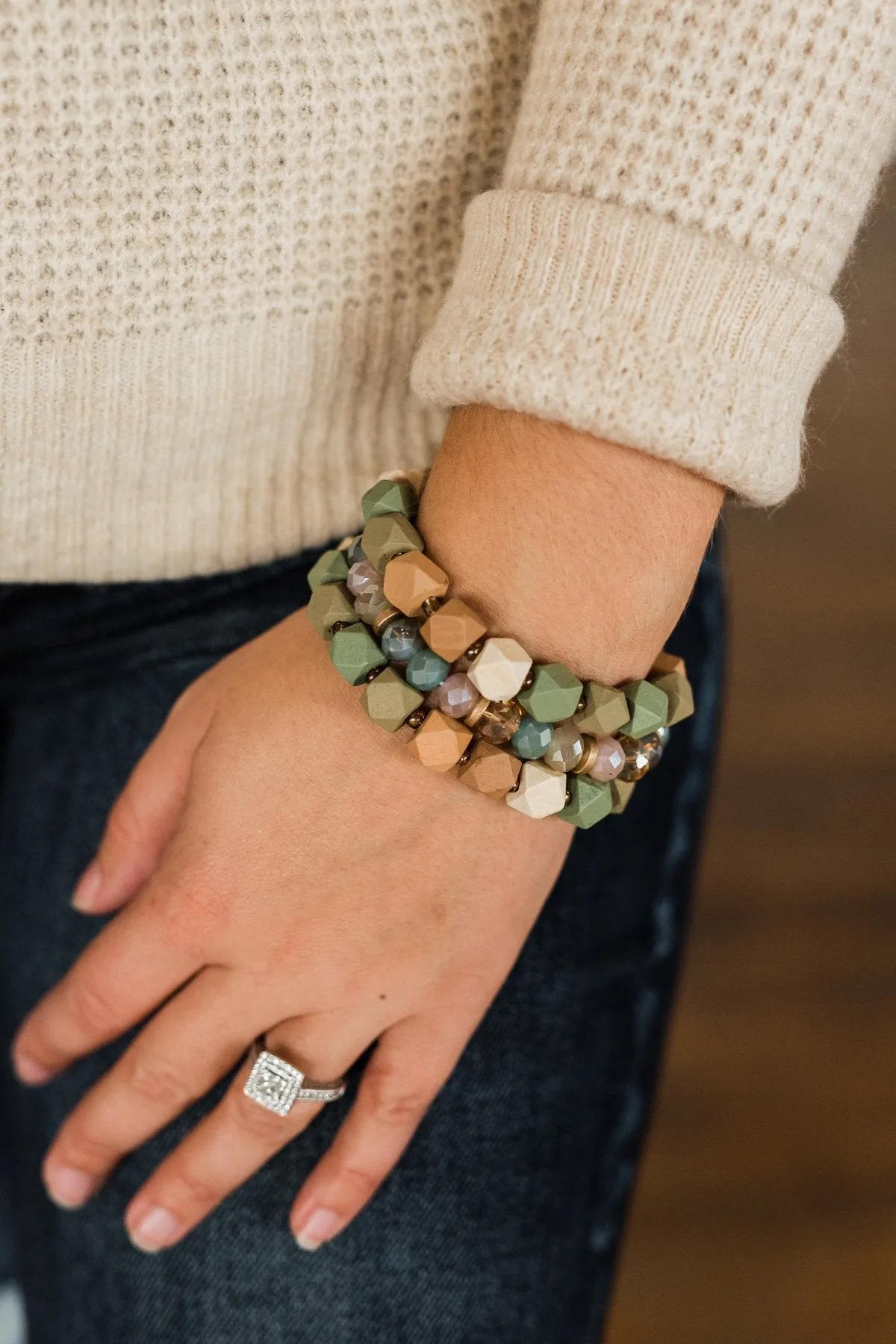 3 Stack Wood Bracelet Set- Olive & Natural Tones