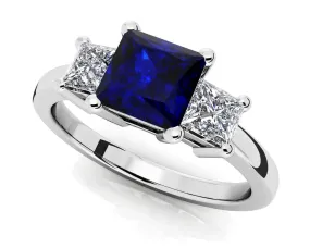 3 Stone Princess Diamond And Gem Diamond Ring with 2.40 ct.(finished) 4.3mm, 6.5mm Sapphire