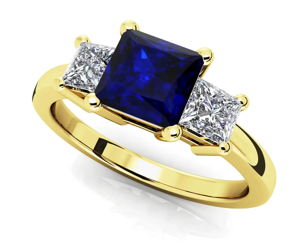 3 Stone Princess Diamond And Gem Diamond Ring with 2.40 ct.(finished) 4.3mm, 6.5mm Sapphire