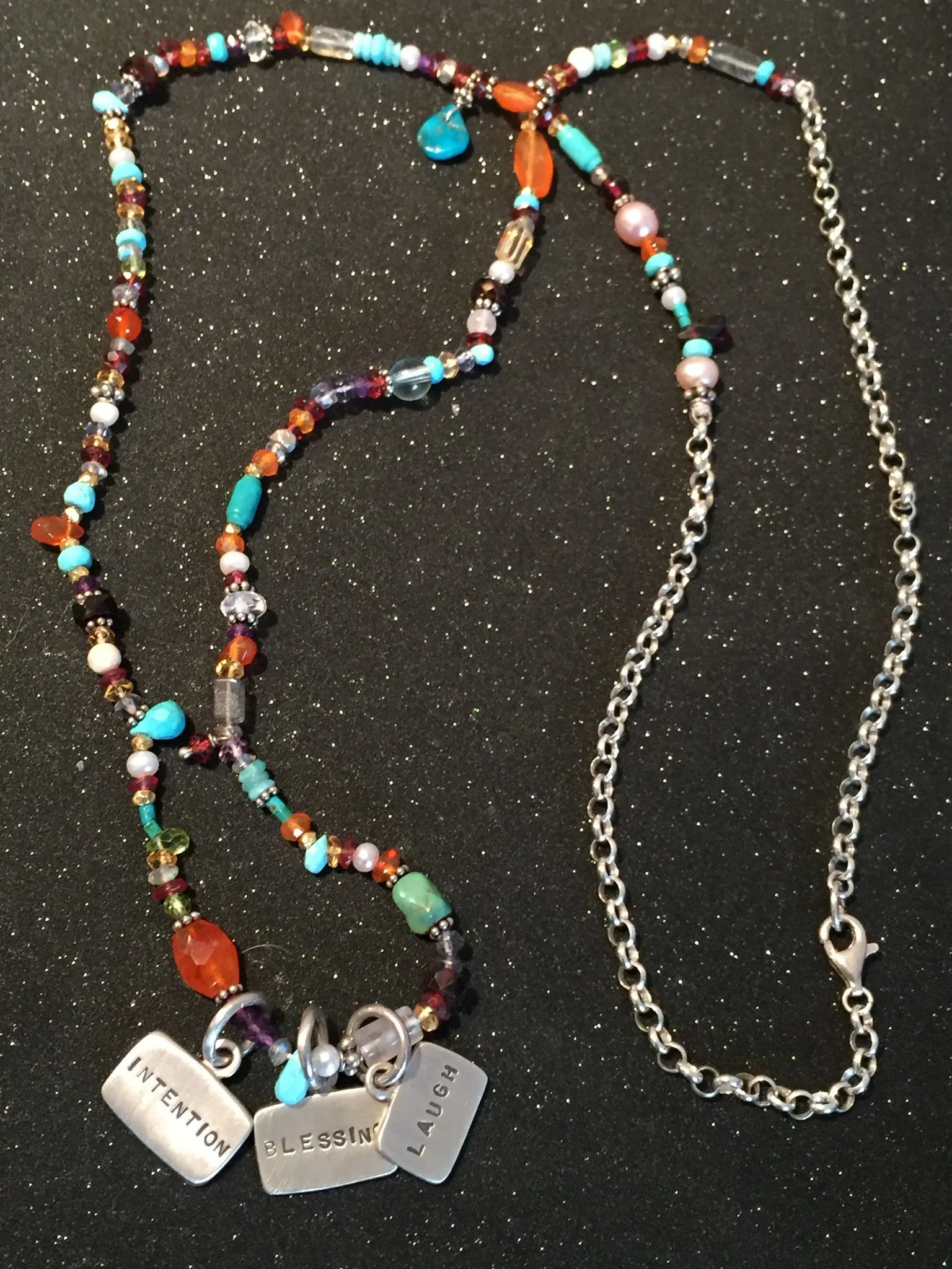 32" Multi Gemstone Tag Charm Necklace