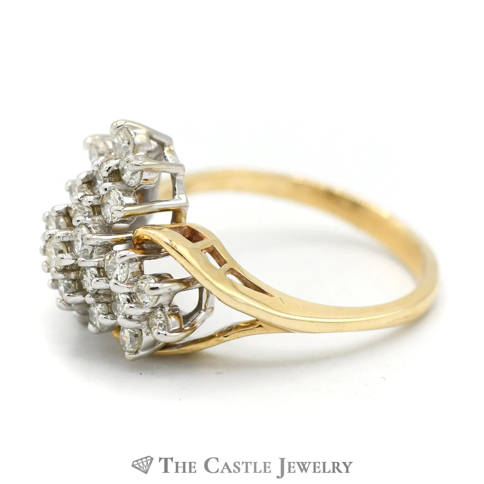 3/4cttw Triple Flower Cluster Ring in 14k Yellow Gold Split Shank Setting