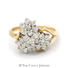 3/4cttw Triple Flower Cluster Ring in 14k Yellow Gold Split Shank Setting