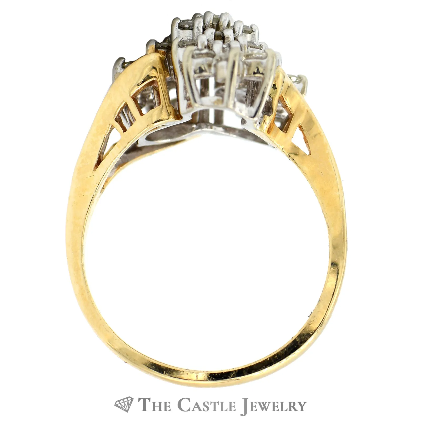 3/4cttw Triple Flower Cluster Ring in 14k Yellow Gold Split Shank Setting