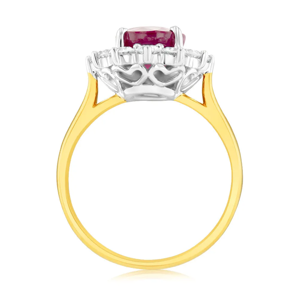 4 Carat Natural Enhanced Ruby & 1 Carat Luminesce Lab Grown Diamond Cocktail Ring in 9ct Yellow Gold