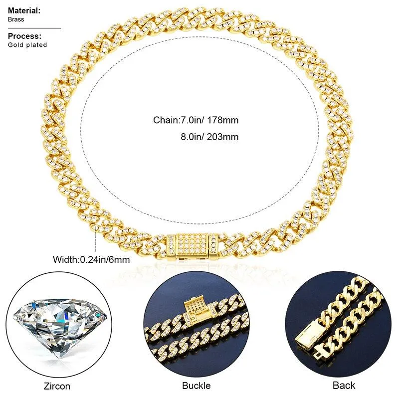 6mm Iced Out Bling CZ Cuban Link Chain Bracelet Full Crystal Rhinestones Clasp Bracelet Jewelry