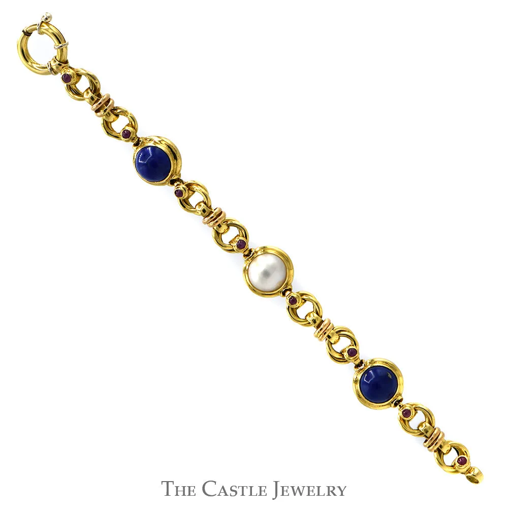 7 1/2 inch Round Cabochon Lapis and Mabe Pearl Link Bracelet with Round Ruby Accents in 18k Yellow Gold