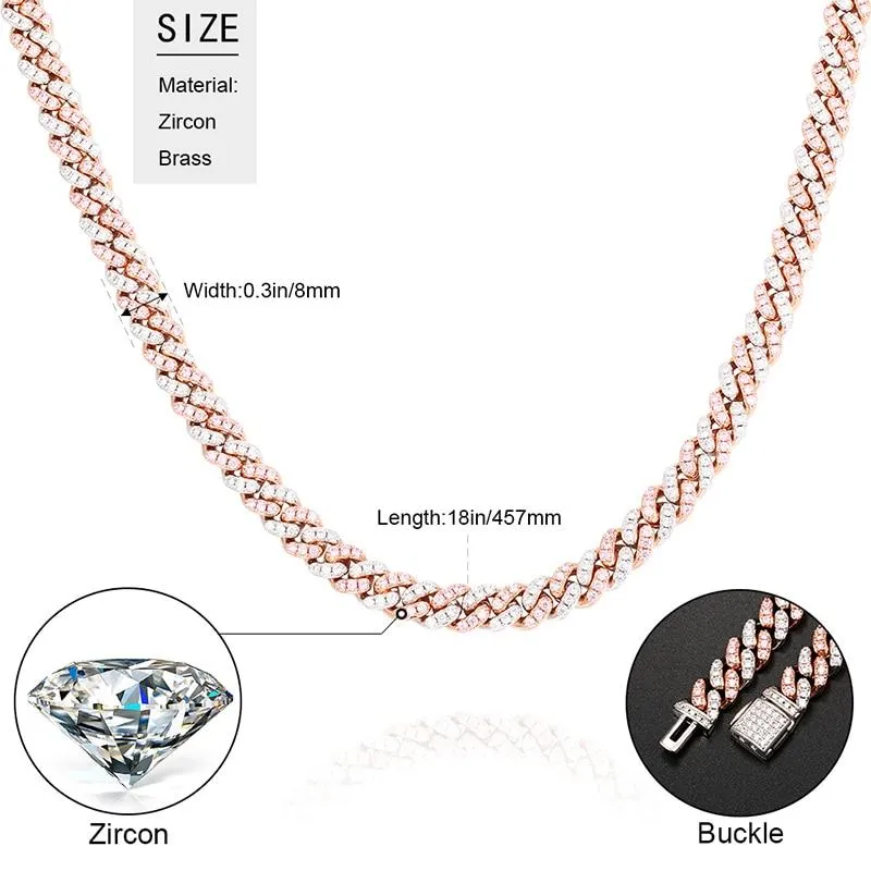 8mm Iced Out Bling CZ Miami Cuban Link Chain Charm Choker Necklace Pink Blue Trendy Fashion Necklace