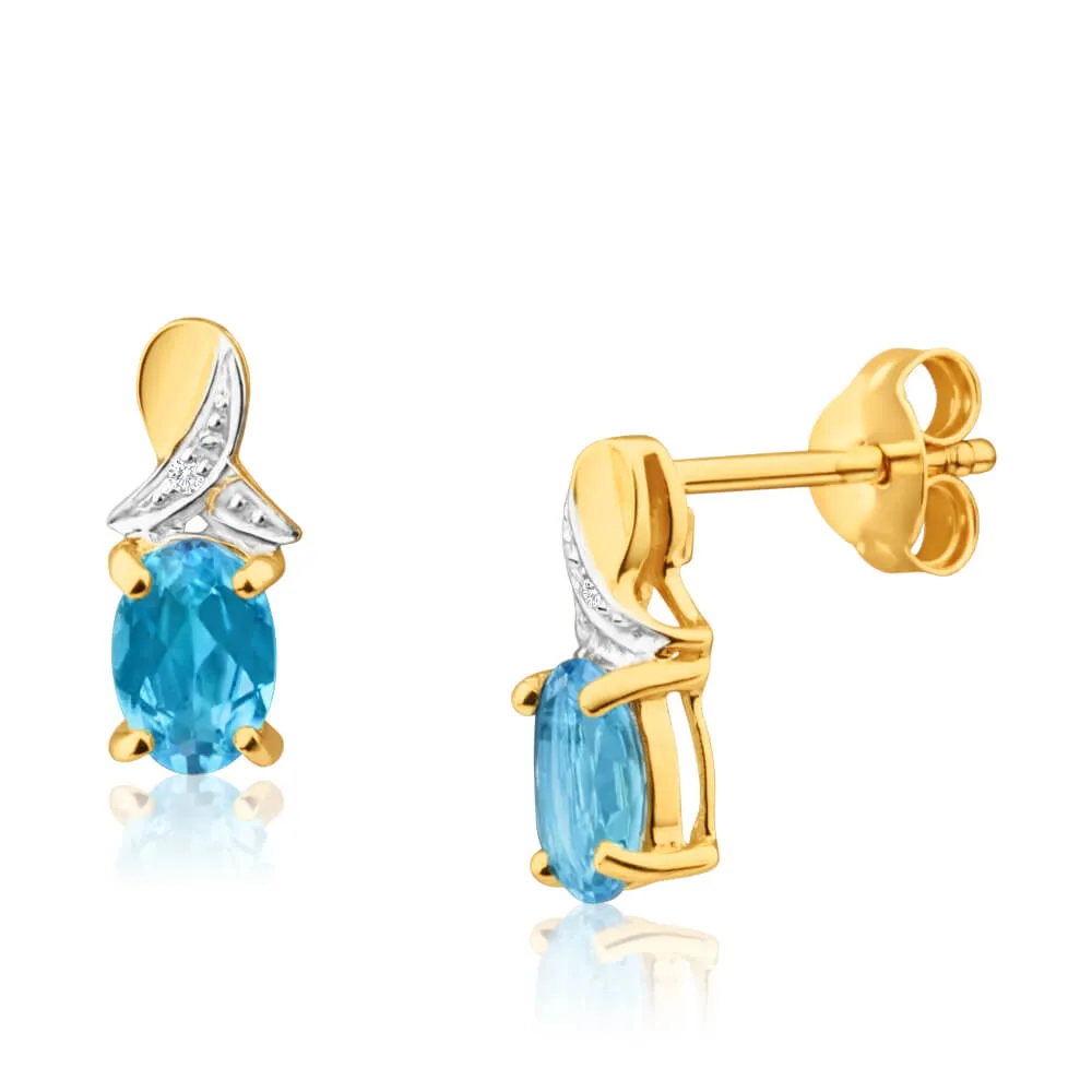 9ct Alluring Yellow Gold Blue Topaz   Diamond Stud Earrings