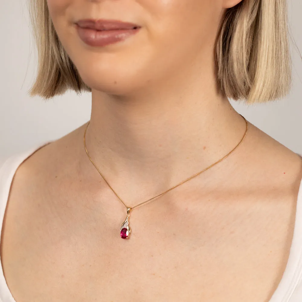 9ct Delightful Yellow Gold Created Ruby 8x6mm   Diamond Pendant