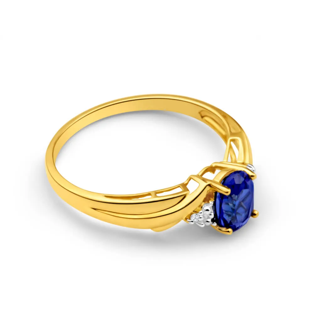 9ct Gorgeous Yellow Gold Created Sapphire   Diamond Ring