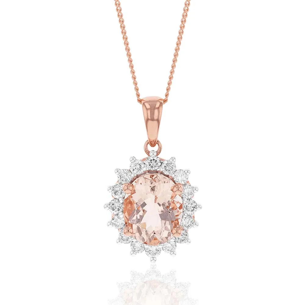 9ct Rose Gold 2.30ct Morganite and Diamond Pendant on 45cm 9ct Rose Gold Chain