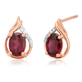 9ct Rose Gold 7x5mm Oval Rhodolite Garnet and Diamond Stud Earrings