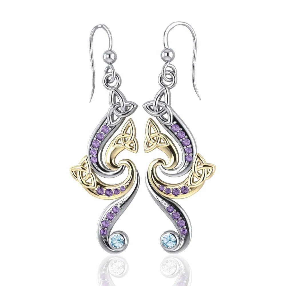 A dazzling eternity ~ Sterling Silver Celtic Triquetra Dangle Earrings with 14k Gold Accent and Gemstone MER569