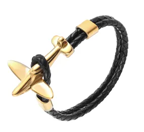 Agoura Hills Leather Rope Chain Airplane Bracelet, Black / Gold