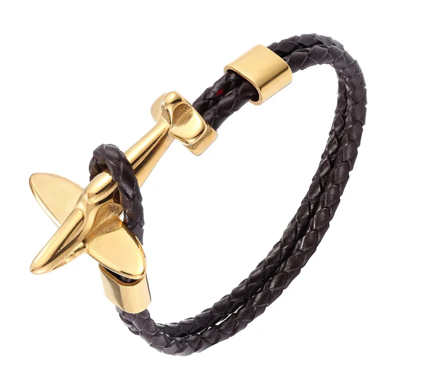 Agoura Hills Leather Rope Chain Airplane Bracelet,  Dark Brown /  Gold