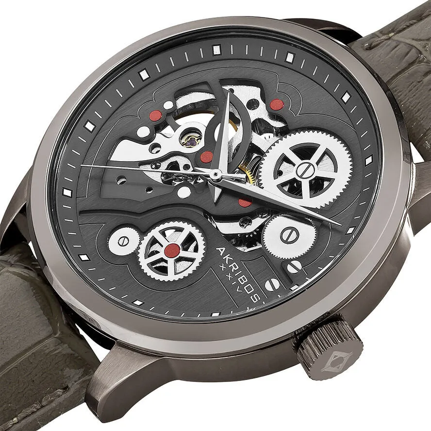 Akribos XxivManual Wind Skeleton Dial Grey Leather Men's Watch AK538GY