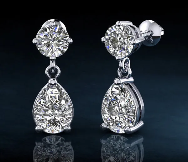 Alluring Round And Pear Shaped Drop Diamond Earrings with 1.02 ct.(finished) 6x4mm, 3.8mm