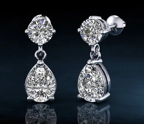 Alluring Round And Pear Shaped Drop Lab-Grown Diamond Earrings with 2.10 ct.(finished) 8x5mm, 4.25mm