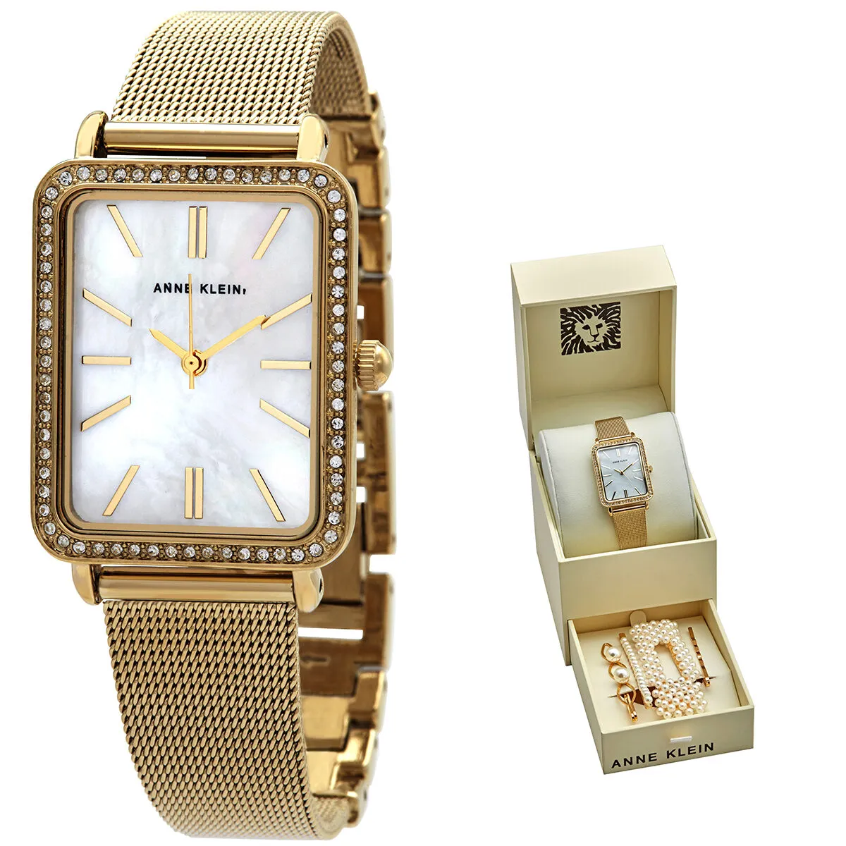 Anne Klein Quartz Crystal Mother of Pearl Dial Ladies Watch and Barrette Set 3642GBST