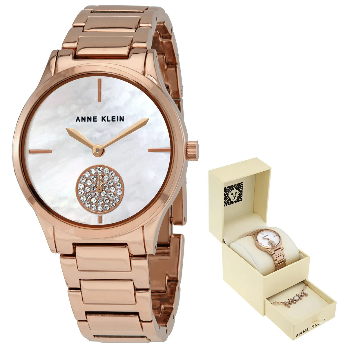 Anne Klein Quartz Mother of Pearl Dial Ladies Watch and Necklace Set 3674RGST