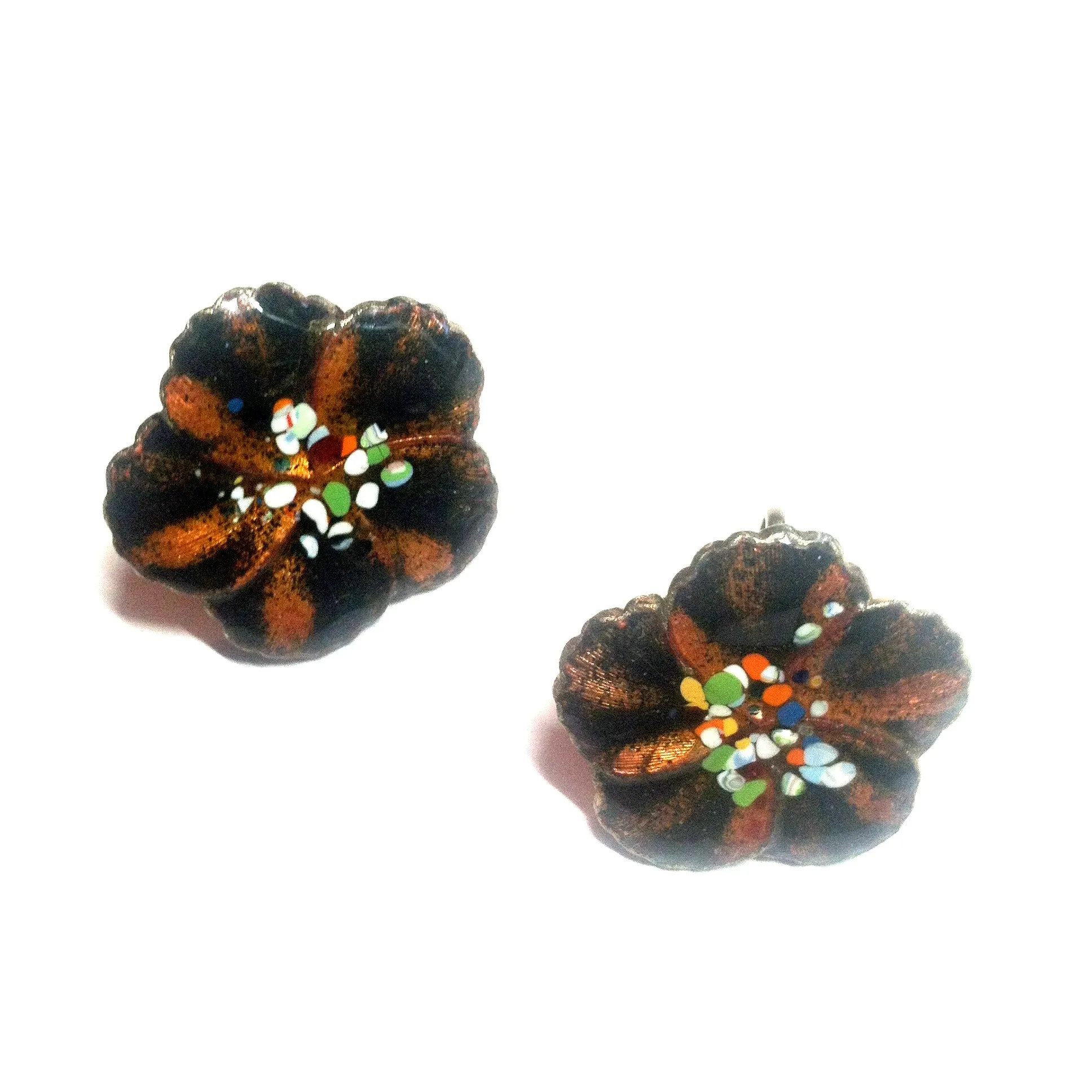 Artsy Enameled Metal Flower Screwback Clip Earrings circa 1940s