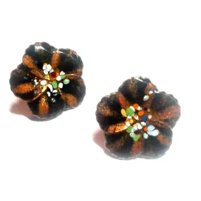 Artsy Enameled Metal Flower Screwback Clip Earrings circa 1940s