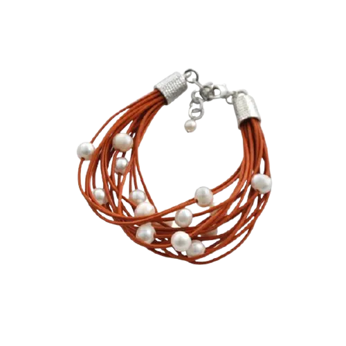 Barse Leather 'n' Pearls Good Times Bracelet-Orange