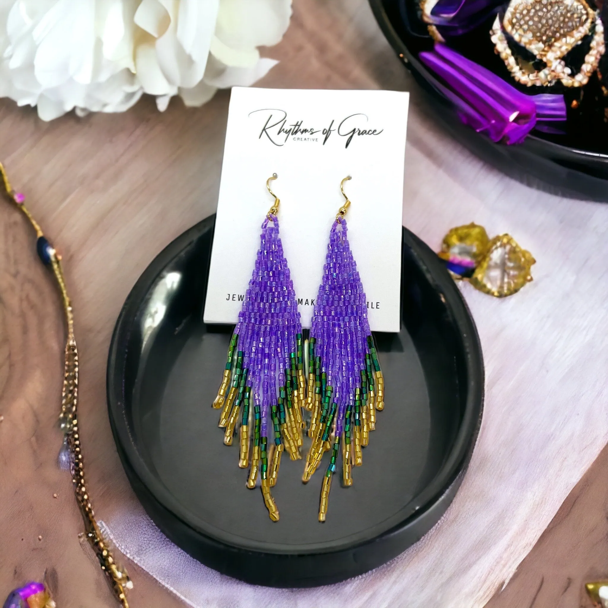 Beaded Mardi Gras Earrings - Purple Green Gold, Mardi Gras, New Orleans, Mardi Gras Squad, Mardi Gras Accessories, Mardi Gras Jewels