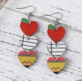 Beautiful Vintage Apple, Book, and Pencil Heart Drop Earrings