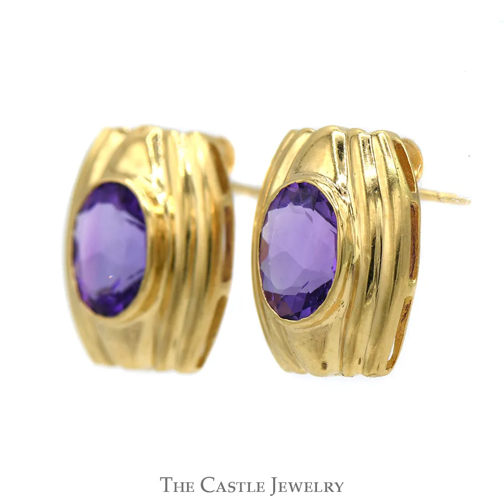 Bezel Set Oval Amethyst Earrings in 14k Yellow Gold Butterfly Pushbacks