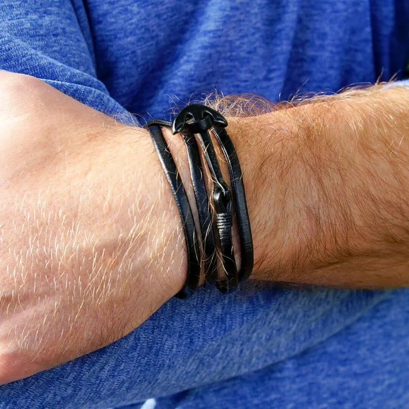 Black Anchor Wrap Bracelet | Black Leather