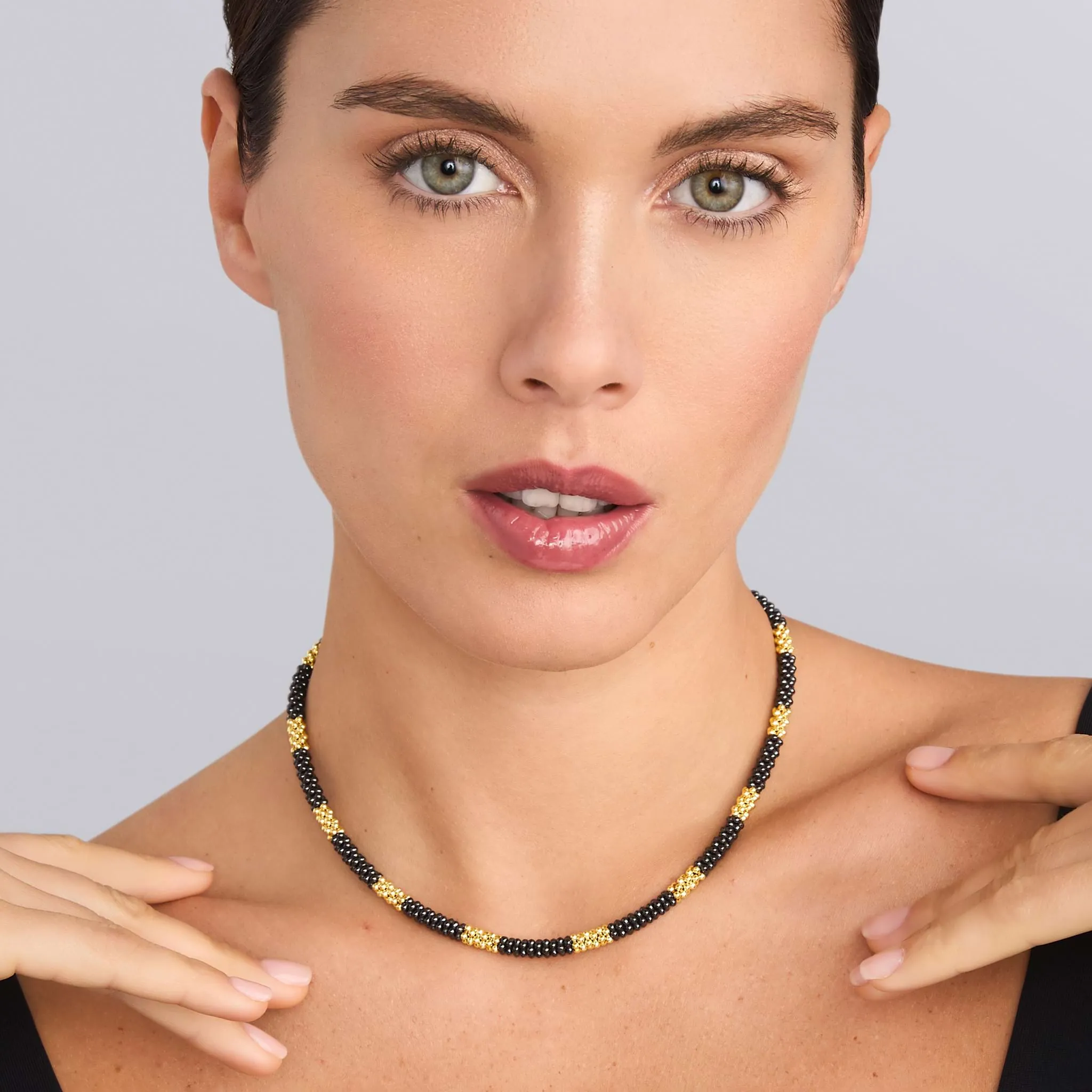 Black Caviar 18K Gold Large Station Ceramic Beaded Necklace | 5mm